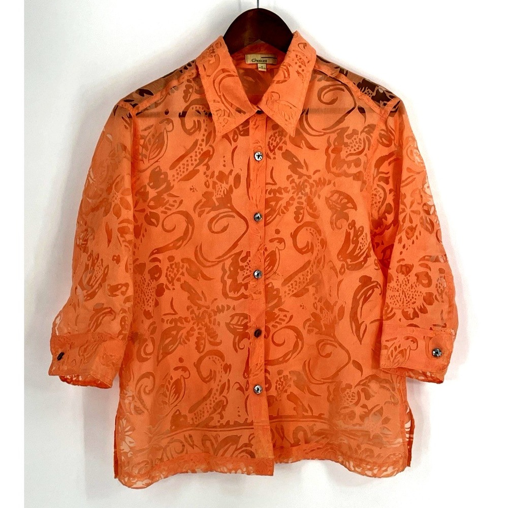 Choices Women Med Top Button Front Orange Lace Floral Sheer Linen Blend